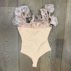 Free People Haute Wired Ruffle Bodysuit in Light Sand